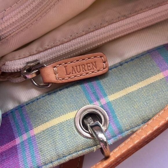Lauren Ralph Lauren Plaid Multicolor Tote Bag w/ Tan Leather Straps - Picture 11 of 16